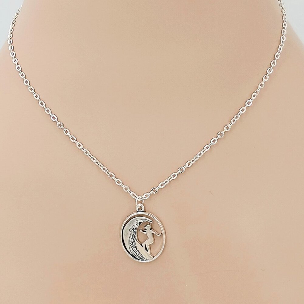 Silver Surfer Girl Necklace Pendant, Cable Chain Minimal Beach Jewelry 9005-333